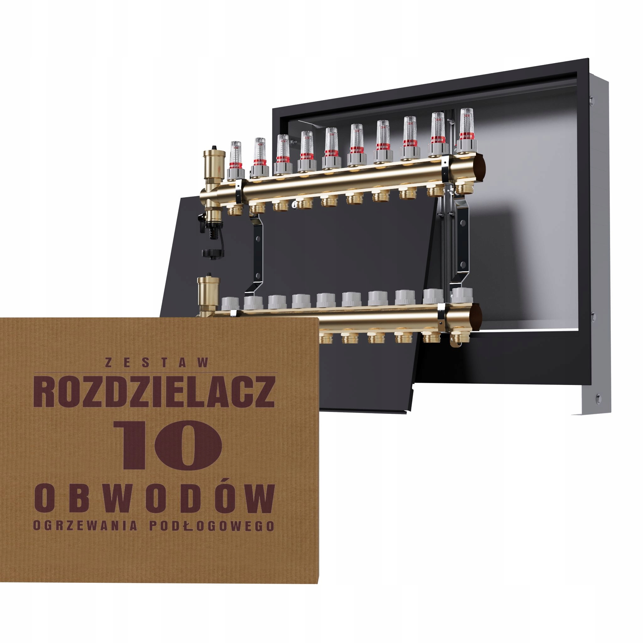 Rozdělovač pro mosaznou podlahu 10-okruhový a podomítkový box černý