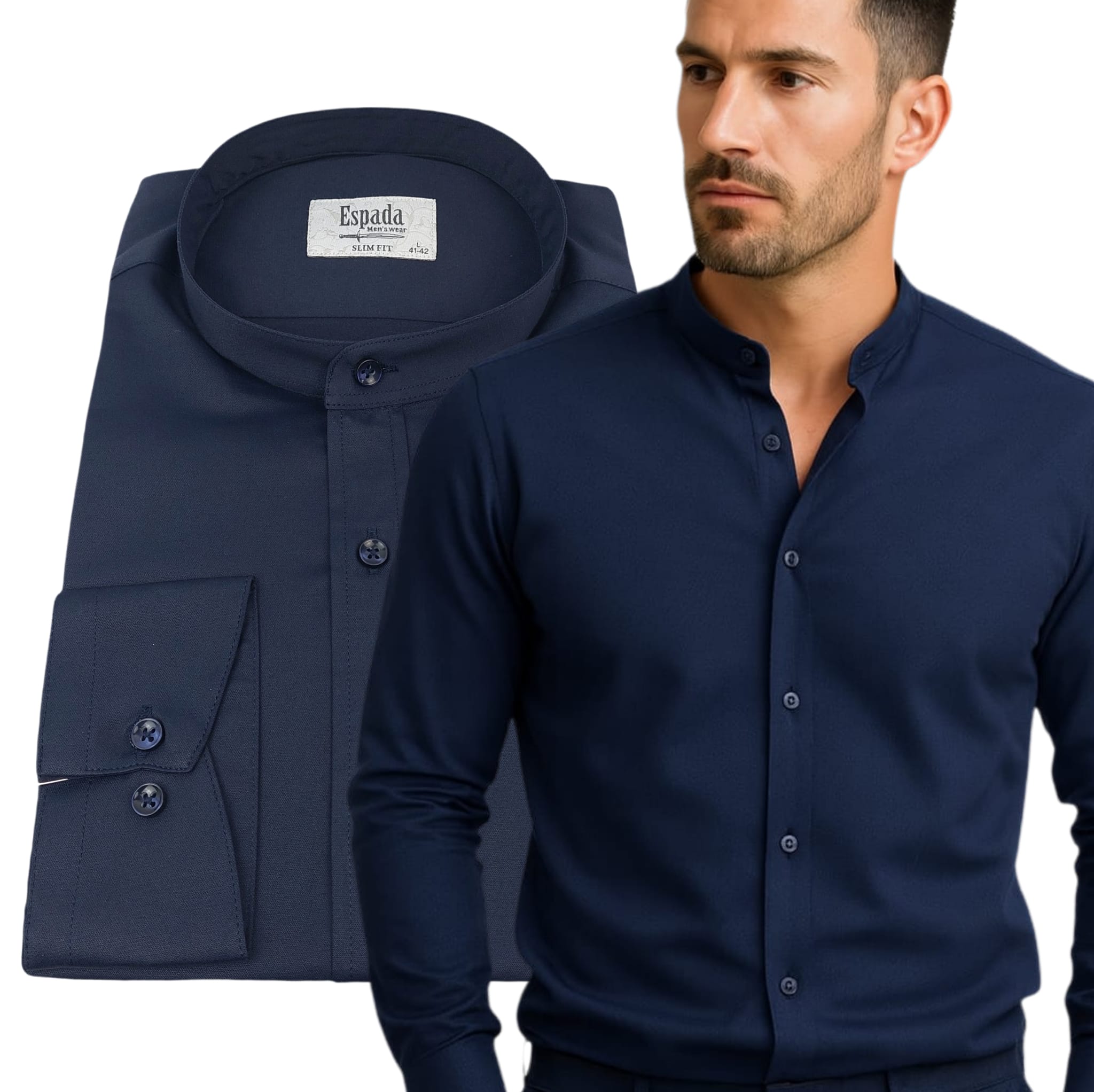 Pánská košile se stojáčkem Tmavě modrá Bavlněná Návštěvnická Elegantní Slim vel. M