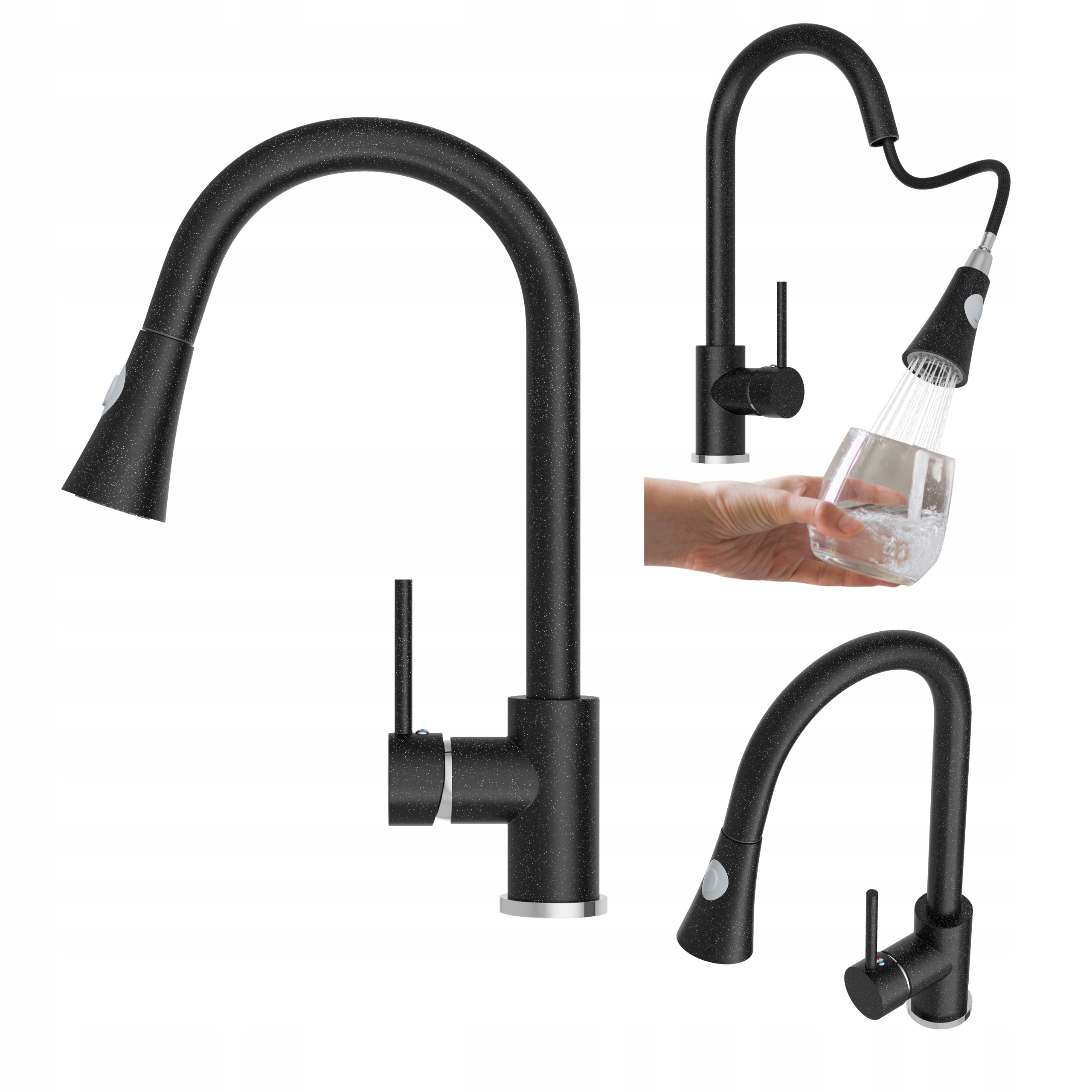 Kuchynská batéria Snake čierna s výsuvným výtokom, škvrnitý kohútik do kuchyne