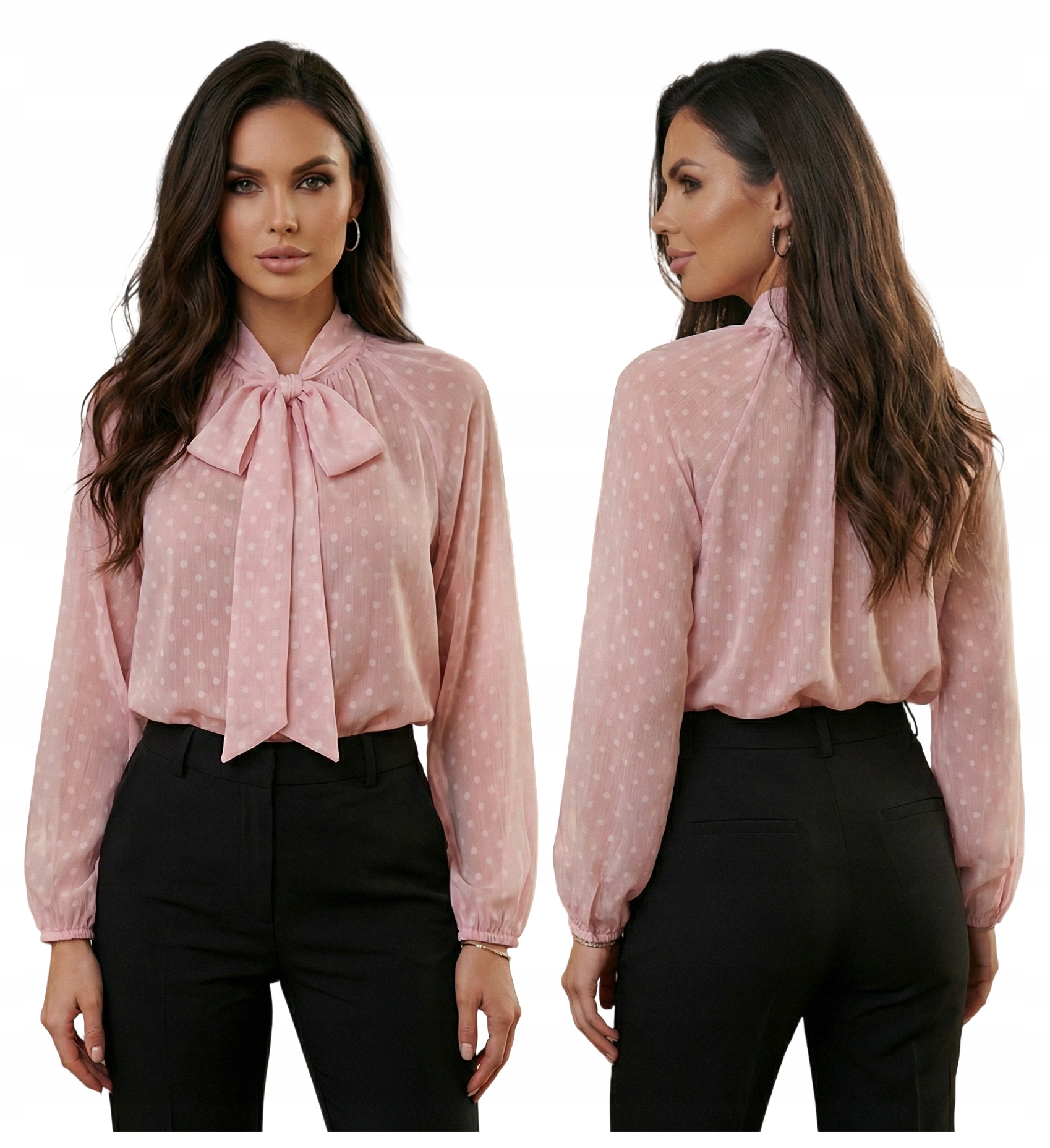 Bluzka Mgiełka Wizytowa Wiązana Kokarda Różowa w Groszki Premium