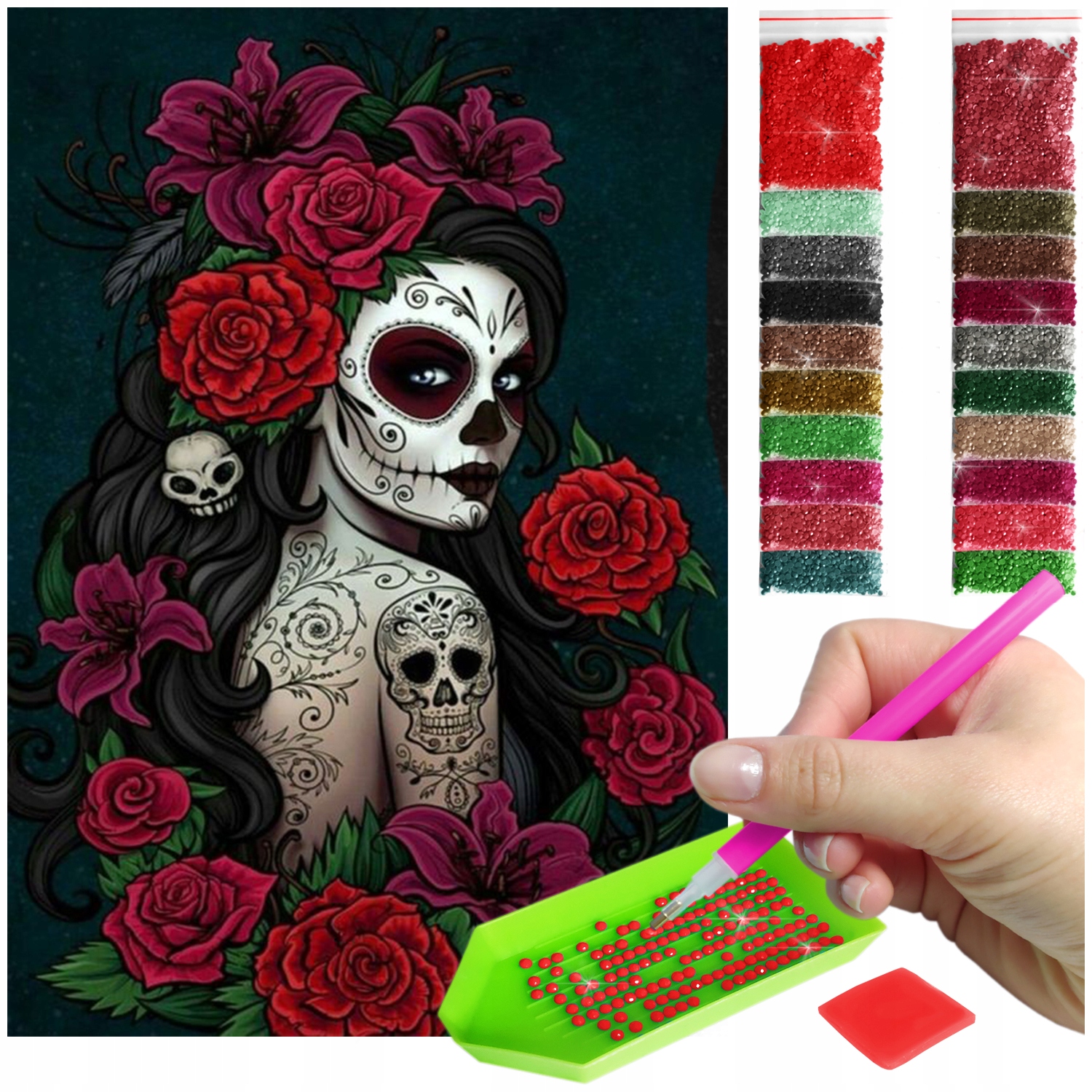 Růže Výšivka Diamantový diamond painting mozaika květy lebky 60x40cm