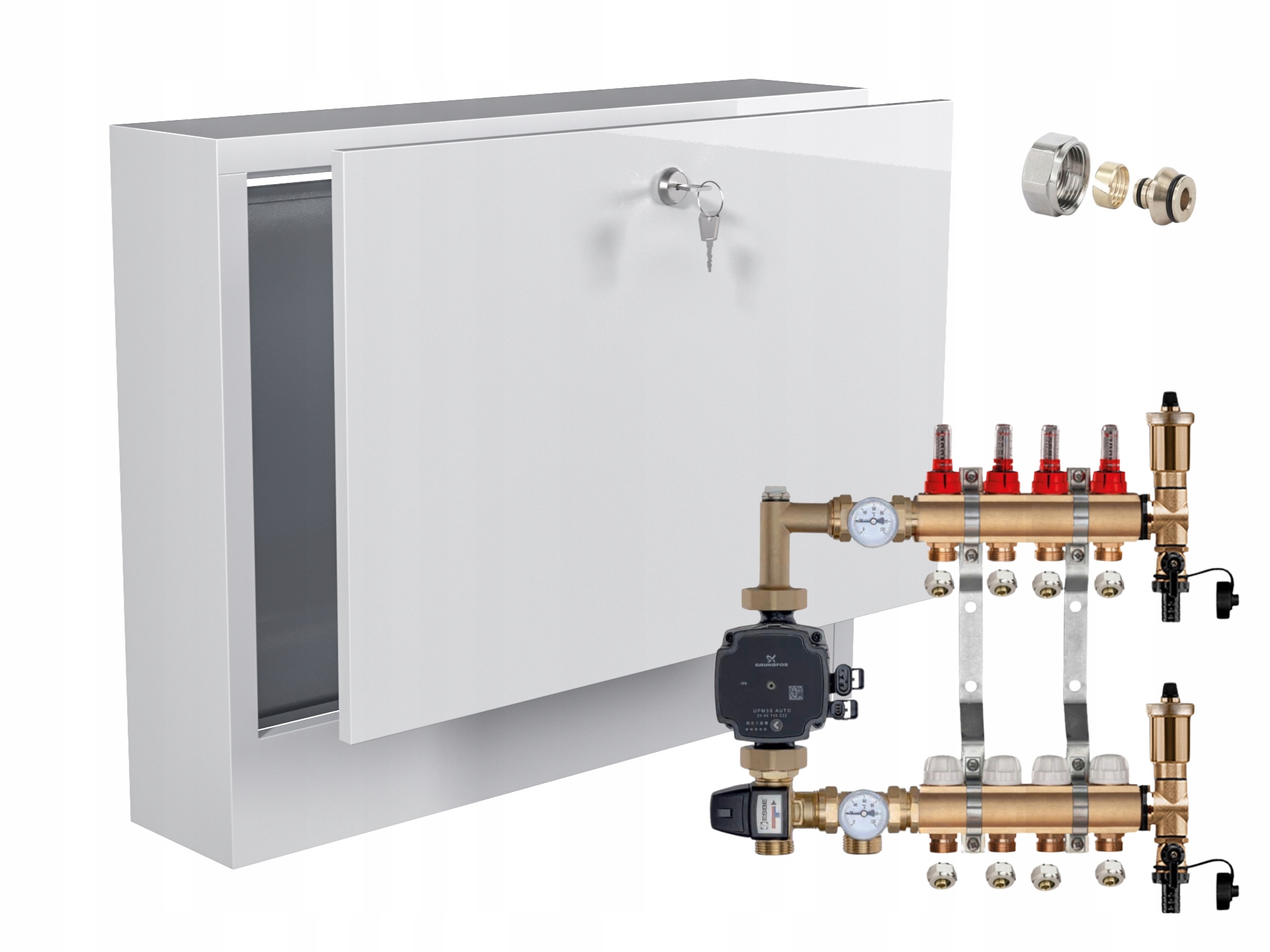 Mosazný Rozdělovač Podlahovky 4 S Čerpadlem Grundfos Nástěnná Skříňka Pex