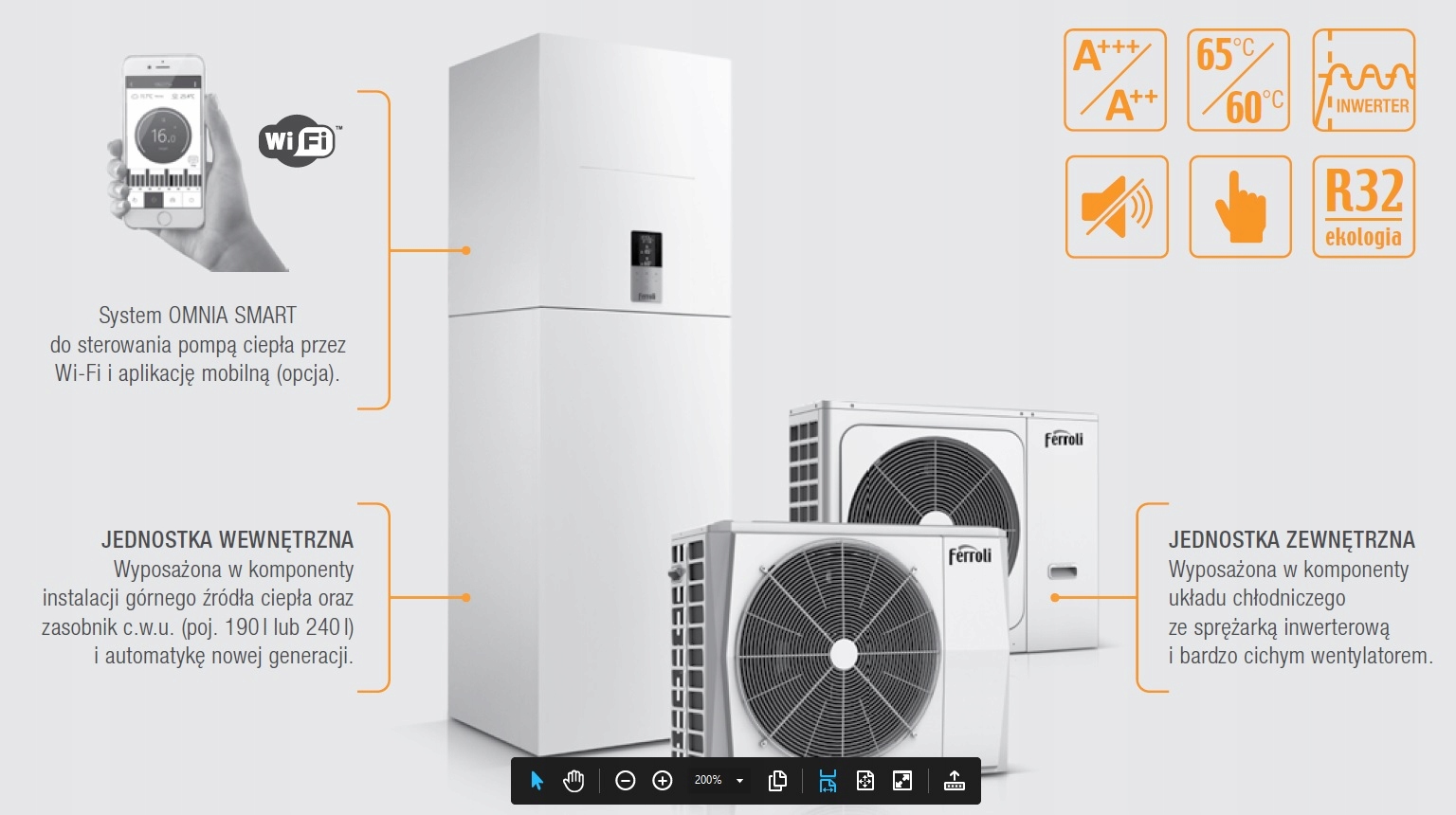 Pompa ciepła Ferroli 8KW Cwu 190L All In One Grzałka 3kW 0XHT8SWD