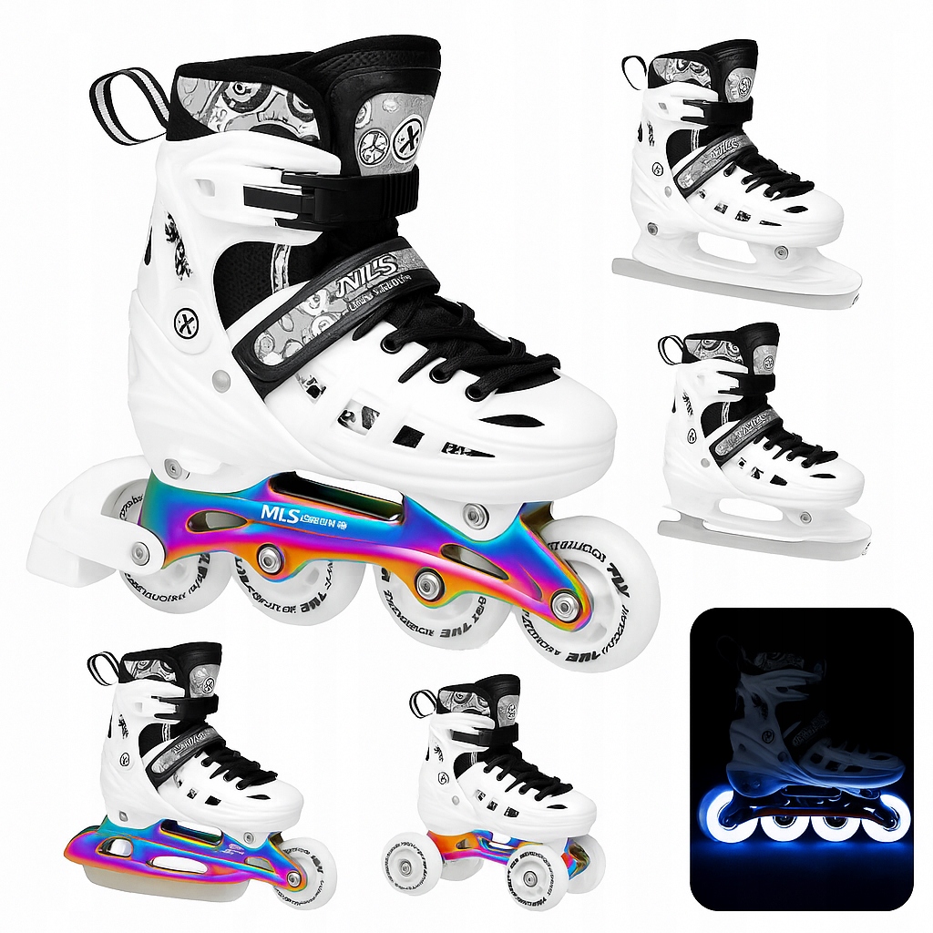 Łyżworolki 4w1 Kółka Led Białe Regulowane M 35-38 Płoza Rainbow 240 MM