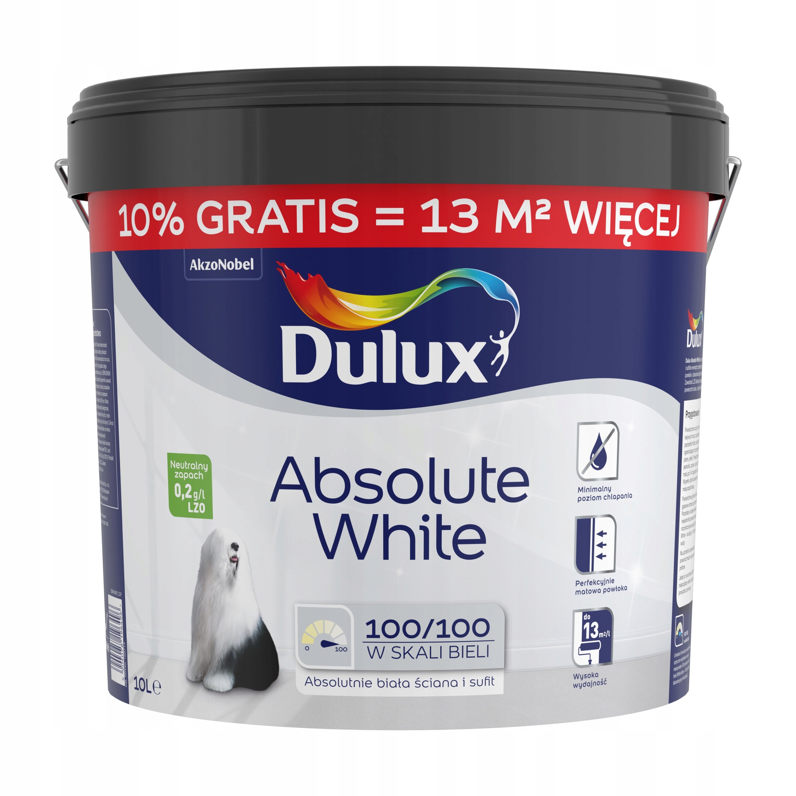 Farba akrylowa absolute white 10L biała matowa Dulux