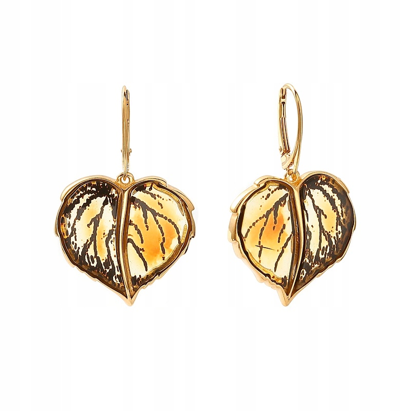 Zlaté Náušnice Lipový List S Jantarem Stříbro 925 Stříbro Pozlacené