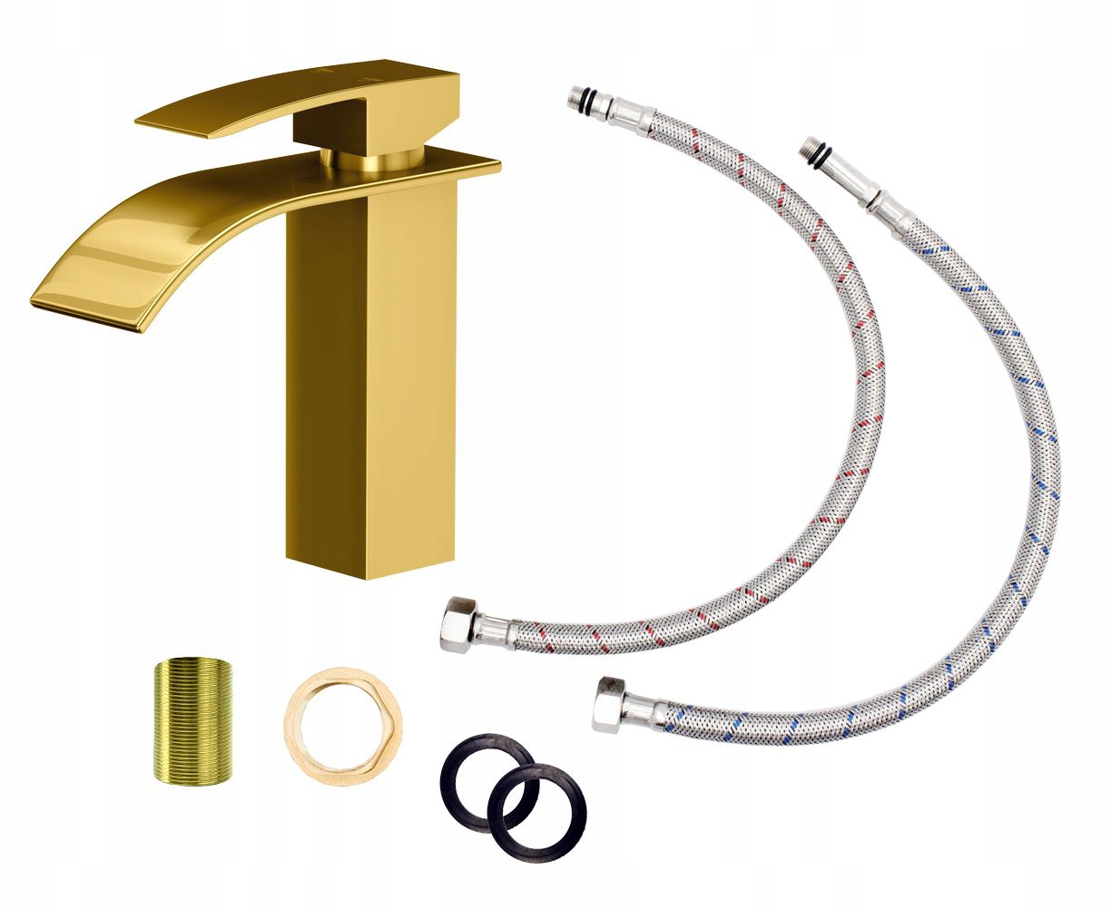 Umývadlová Batéria Elva Vodopád Kaskáda Kohútik Zlatý Kúpeľňová Nízka