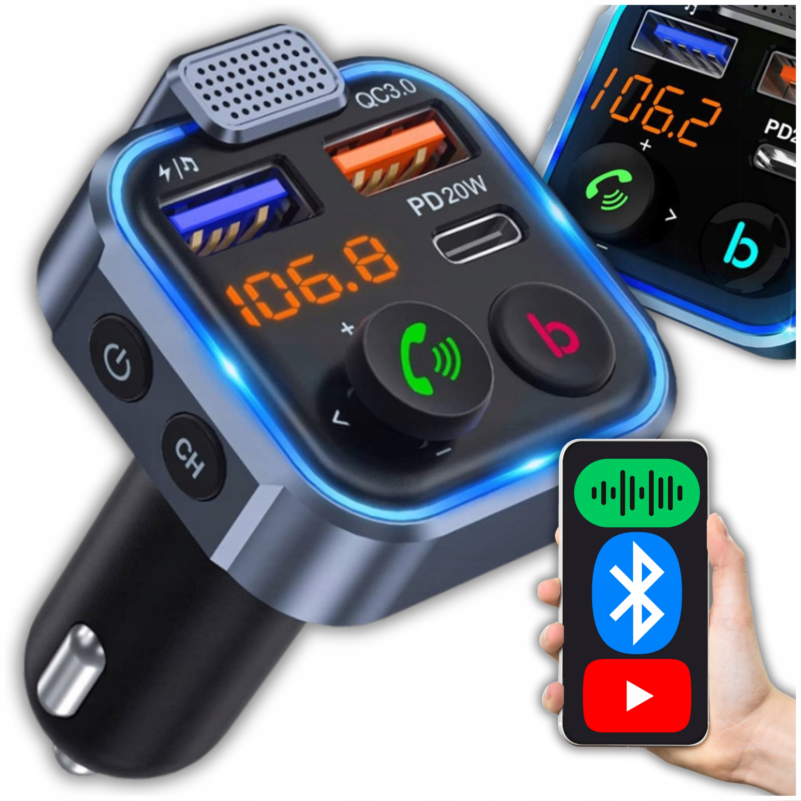 TRANSMITER BLUETOOTH FM AUDIO USB PD SZYBKA ŁADOWARKA SAMOCHODOWA 12/24V