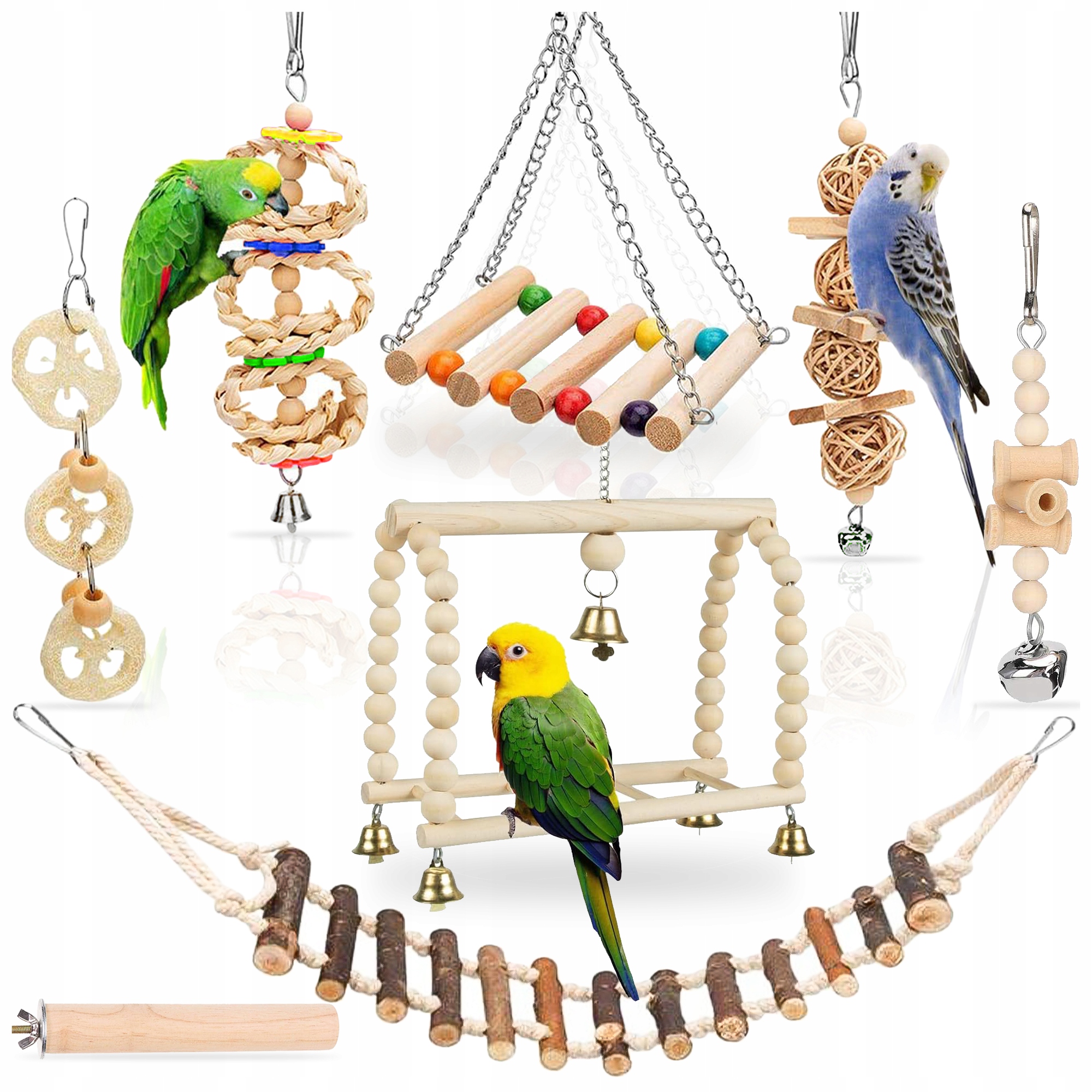 Hračky Pro Papoušky Houpačka Zvonky Dřevěná Sada 8 Ks