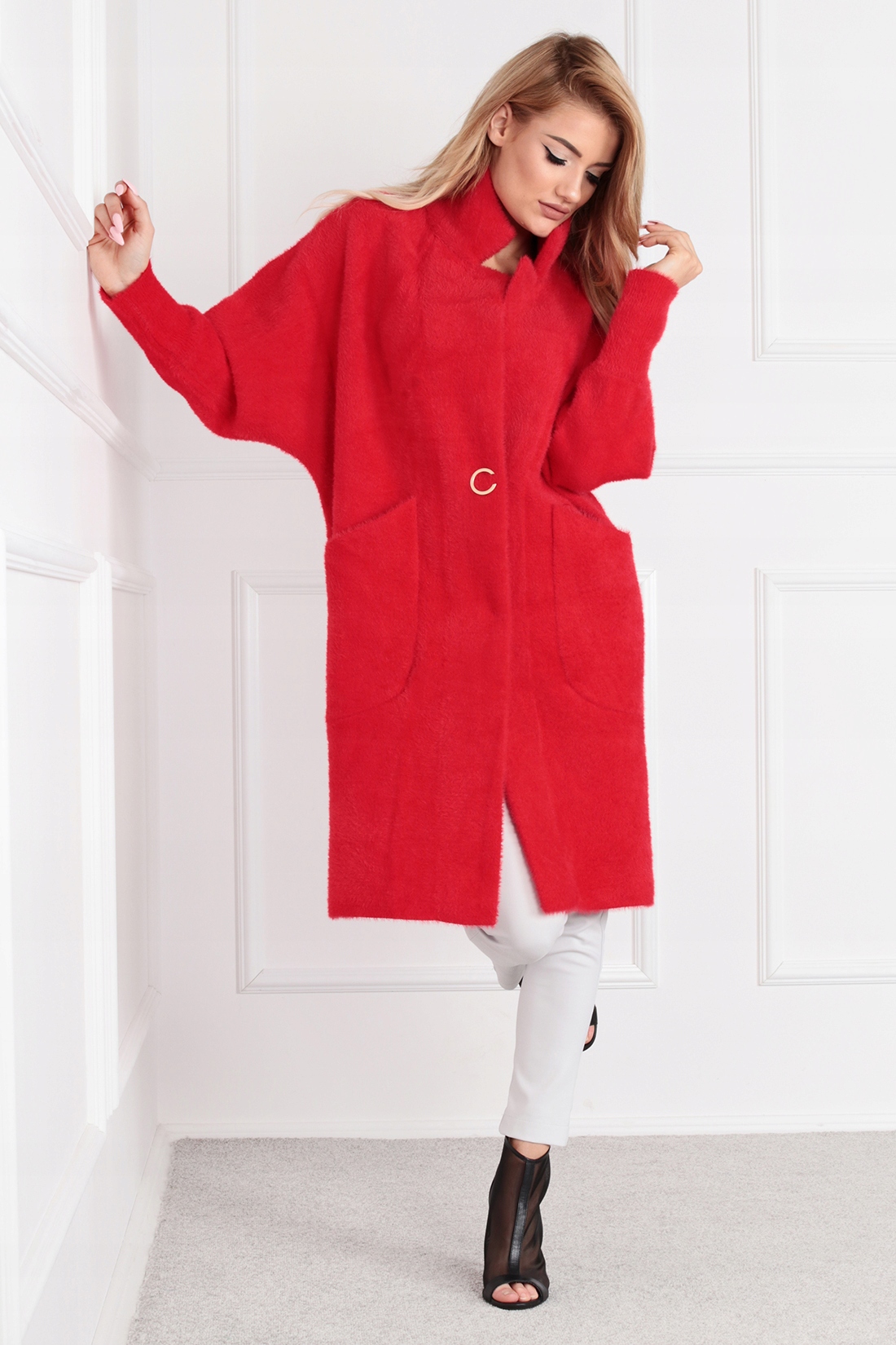 ALPAKA DAMSKA PŁASZCZ KURTKA SWETER CIEPŁA DŁUGA KOŁNIERZ NAPY WYGODNA 1944 Zapięcie inne