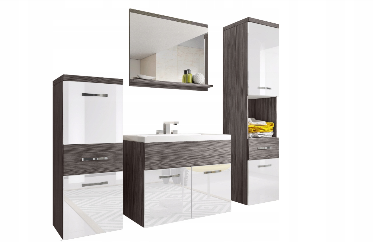 Závěsný set koupelnového nábytku Abla s umyvadlem, zrcadlo, sloupky, zásuvkami