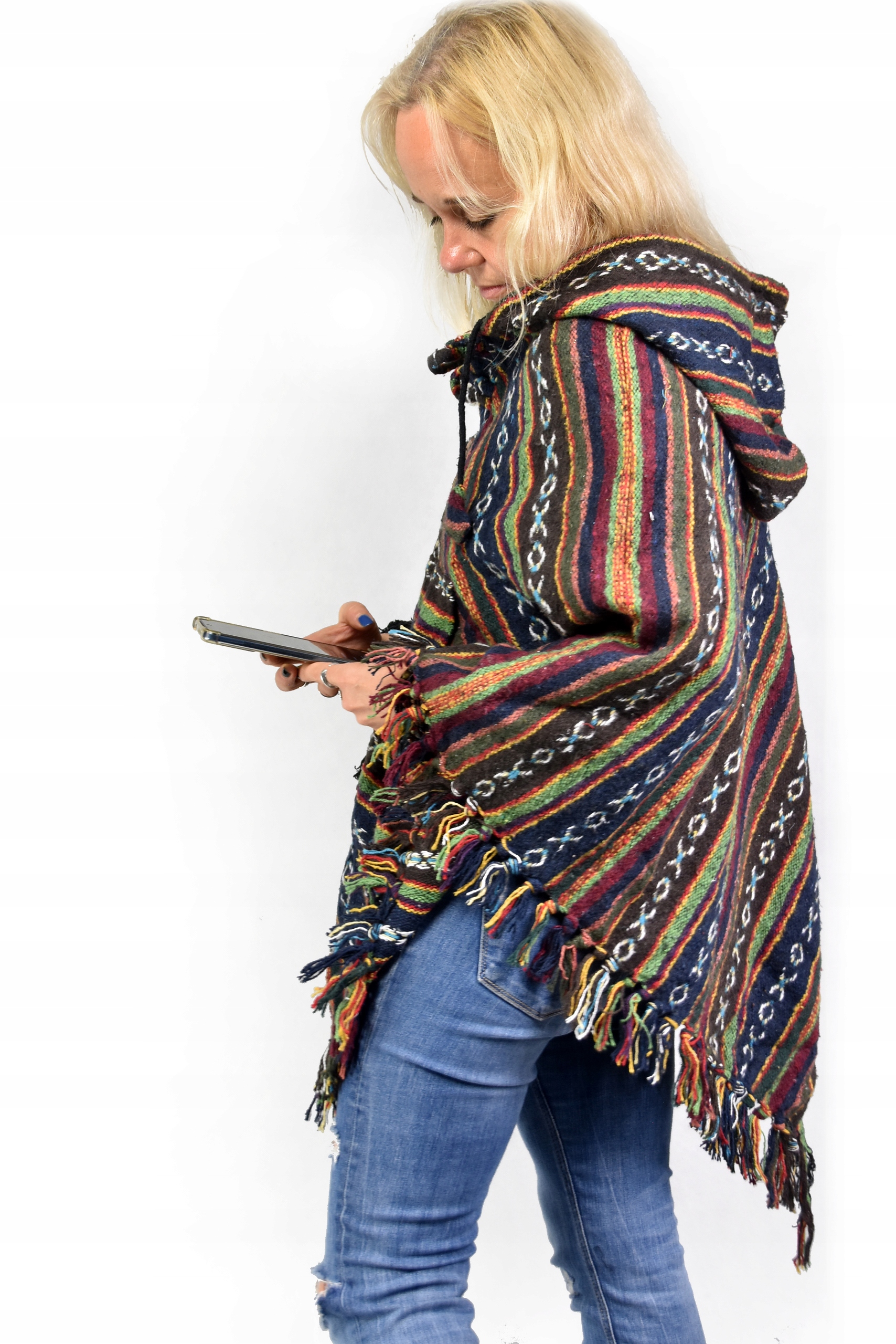 Nepalskie PONCZO FRENDZLE ETNO orient pled gheri Wzór dominujący aztecki