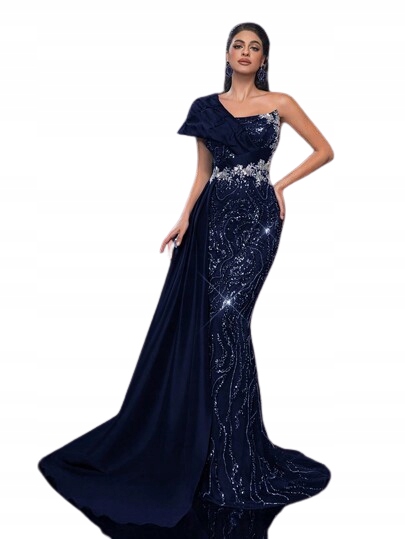 Shein Tmavě Modrá Šaty S Flitry Na Jedno Rameno 38 1DC