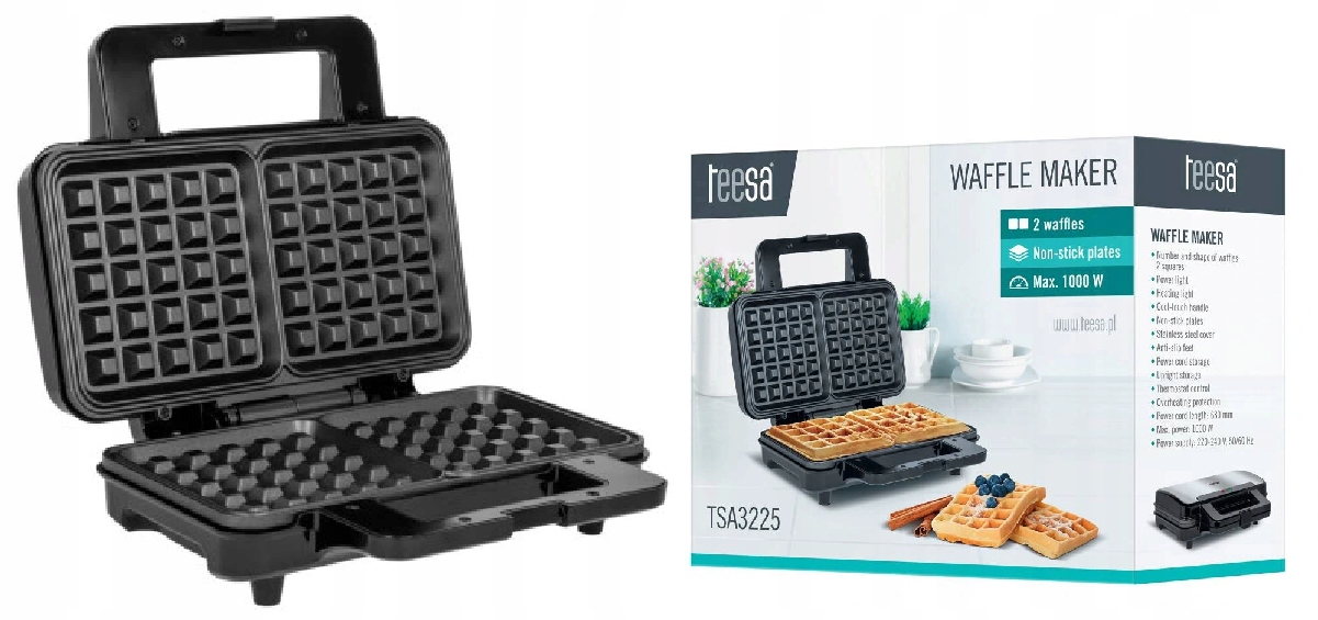 Vaflovač na 2 vafle čtverce 1000W Teesa TSA3225