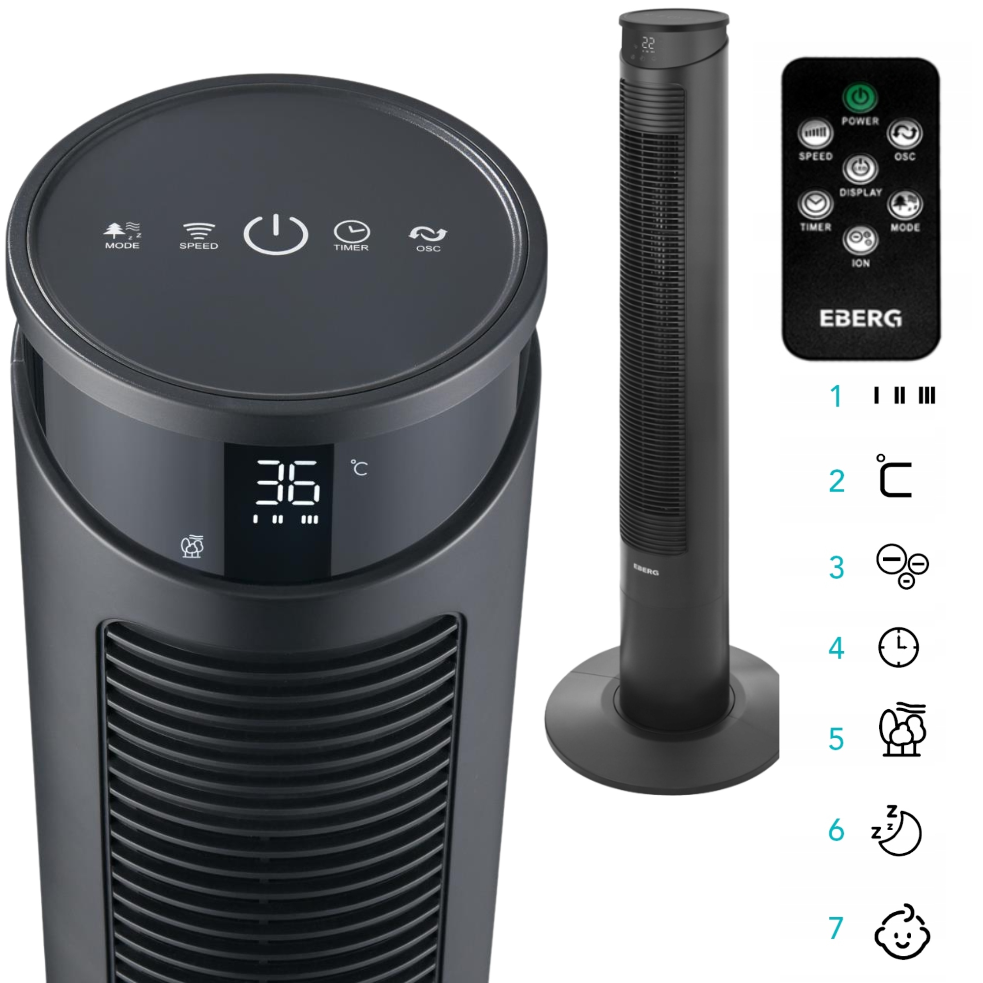Wentylator Kolumnowy Eberg Fyn WiFi Aroma Jonizator Cichy XXL Zdalny