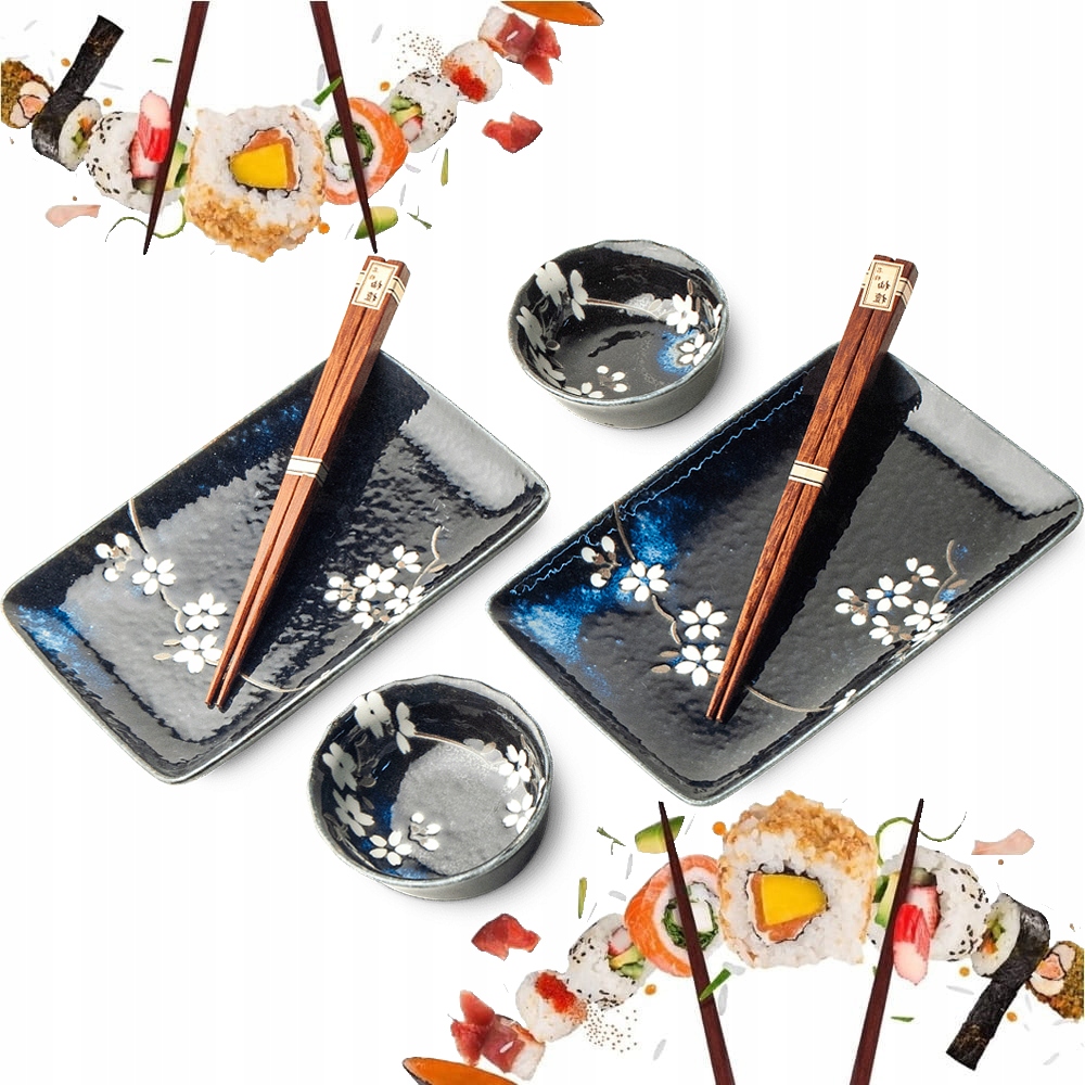 Sada keramiky Sushi Anemone Blue Modrá s kvetmi pre 2 osoby Edo Japan