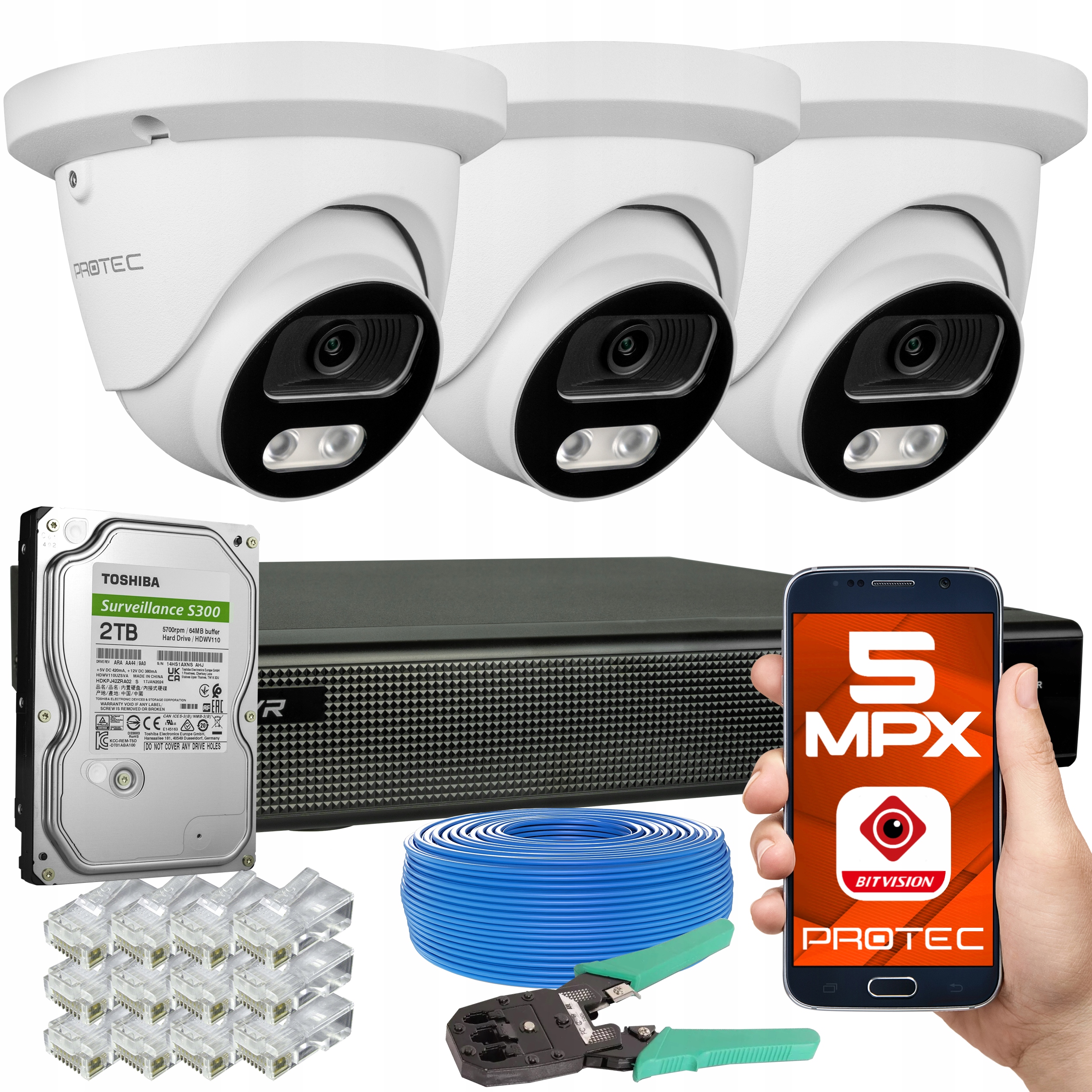 CYFROWY MONITORING 3 KAMERY KOPUŁY IP 5MP POE ZEWNĘTRZNE PODGLĄD ONLINE 2TB