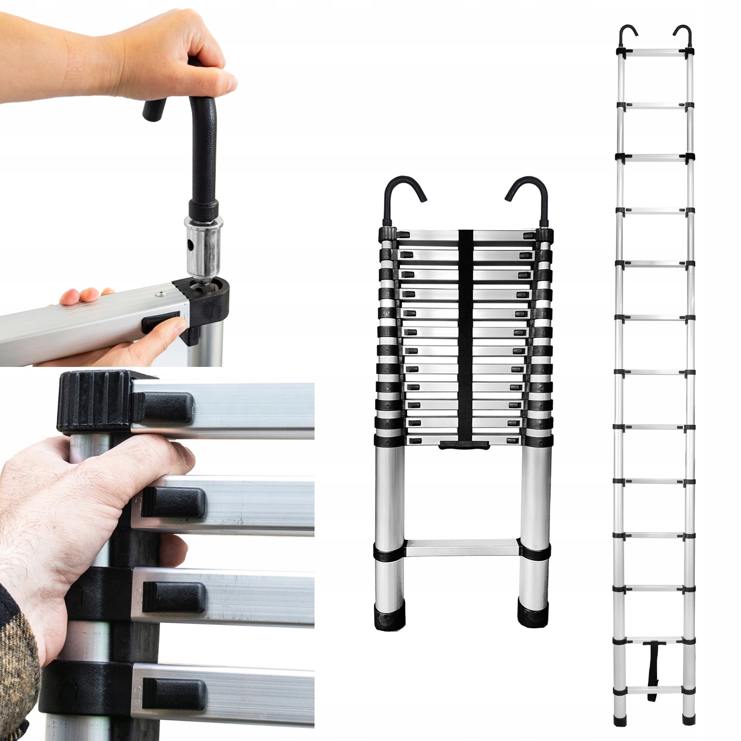 Hliníková teleskopická rebríková tyč s nárazníkmi a Hakami, 13 priečok, 3,8