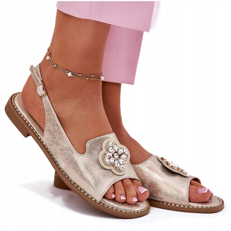 Dámské Sandály S Plochým Ozdobným Podpatkem, Detail S.barski KV51-080 Zlaté 37