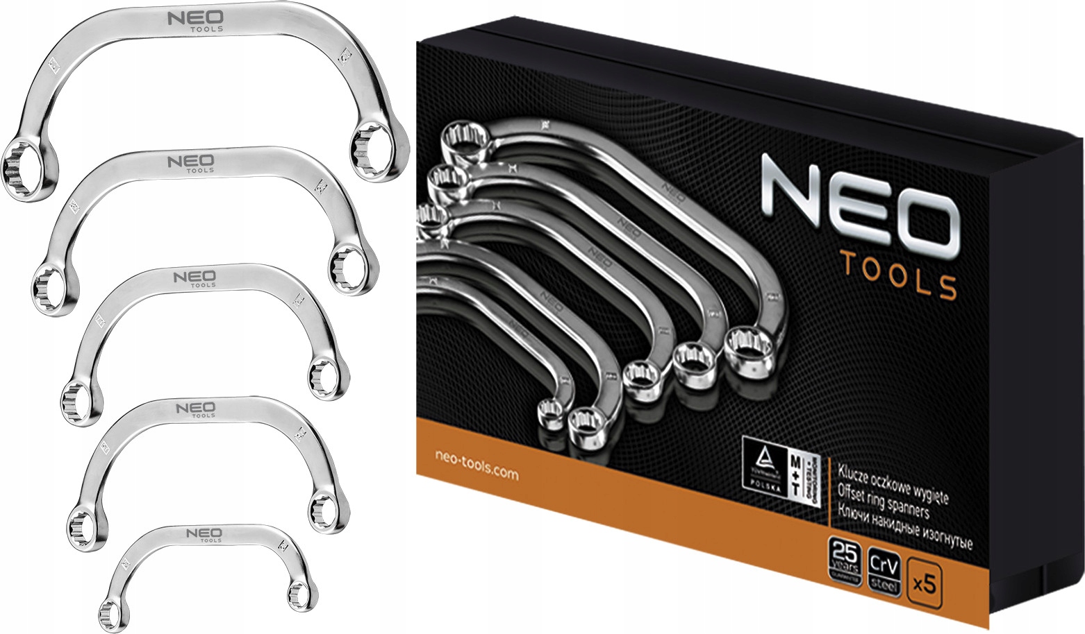 NEO ZESTAW KOMPLET KLUCZY KLUCZE OCZKOWE WYGIĘTE DWUSTRONNE 5 SZTUK 09-176