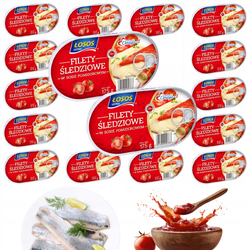 Łosoś Ustka Filety Śledziowe w Sosie Pomidorowym Konserwy Rybne 16x175g