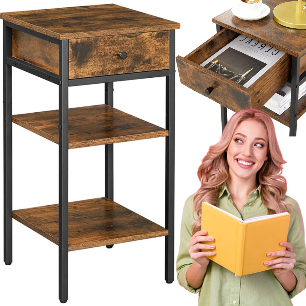 Bočný pomocný stolík Industriálny Nočná Skrinka s zásuvkou, 2 police, hnedý