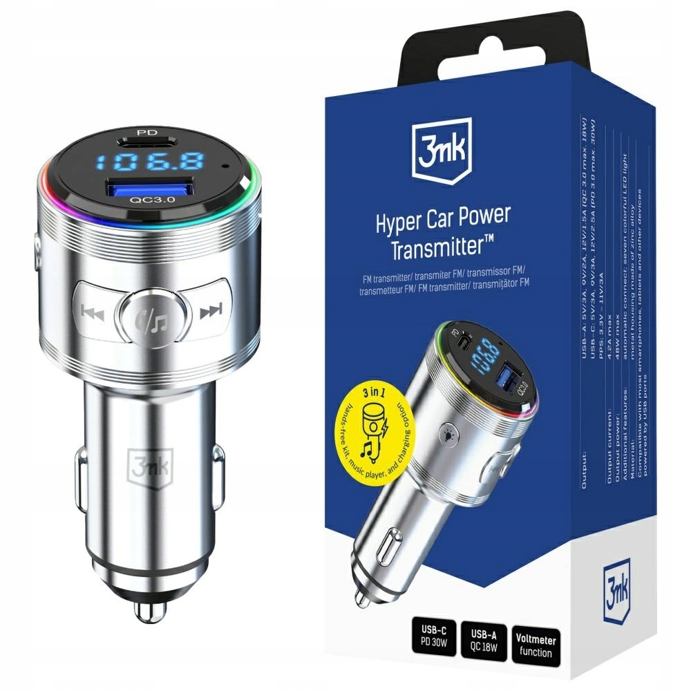 Automobilová 48W Usb-c/usb-a Pd Pps S Audio Vysílačem, Stříbrná