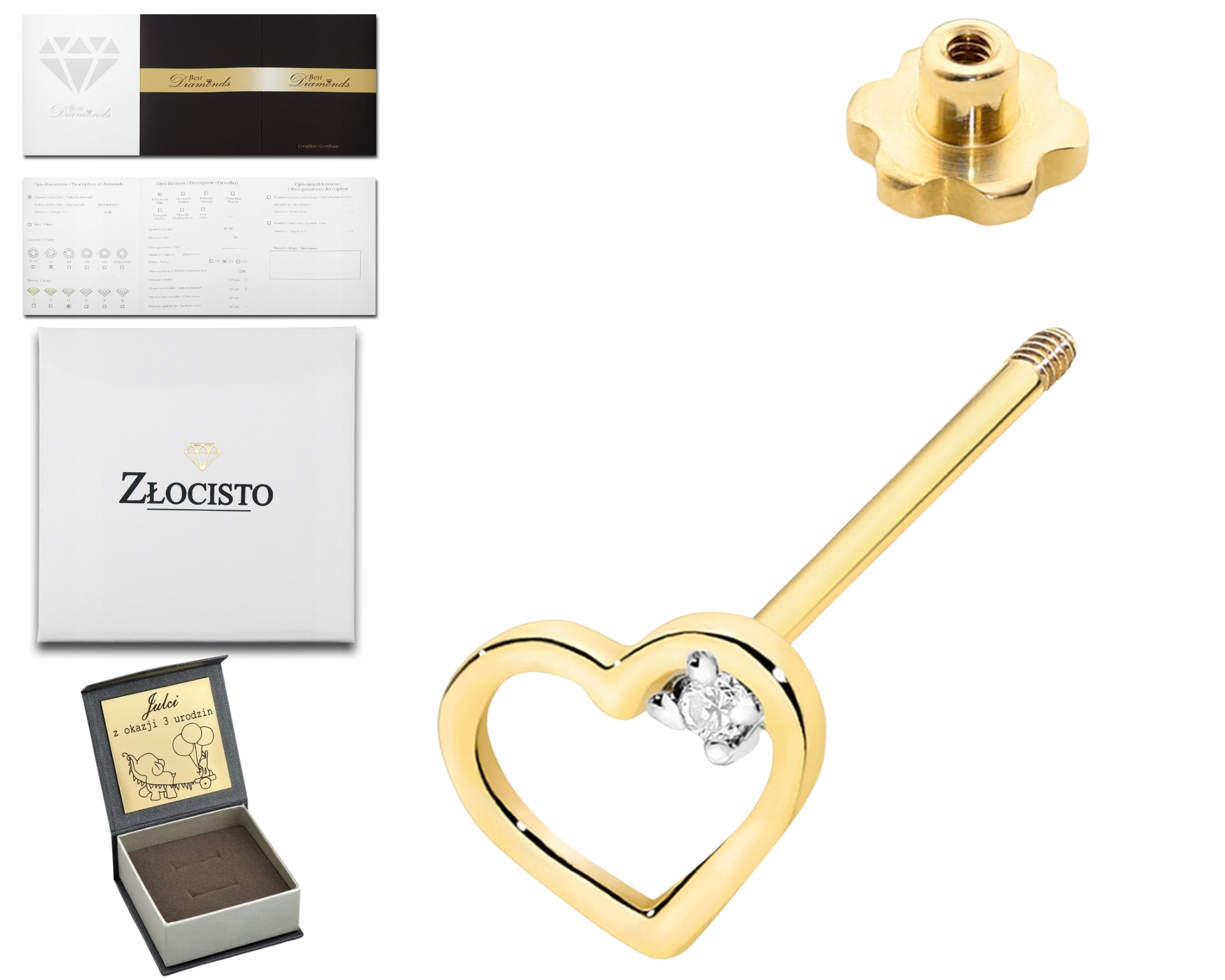 Zlatý Náušnicový Náušnice S Diamantem, Zakřivené Srdíčko Srdíčka Gravírování 585