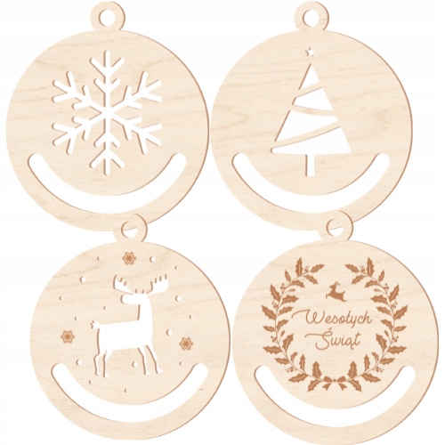 DREWNIANE BOMBKI CHOINKOWE ŚWIĄTECZNE ZAWIESZKI NA CHOINKĘ BAZA MAKRAMA x 4
