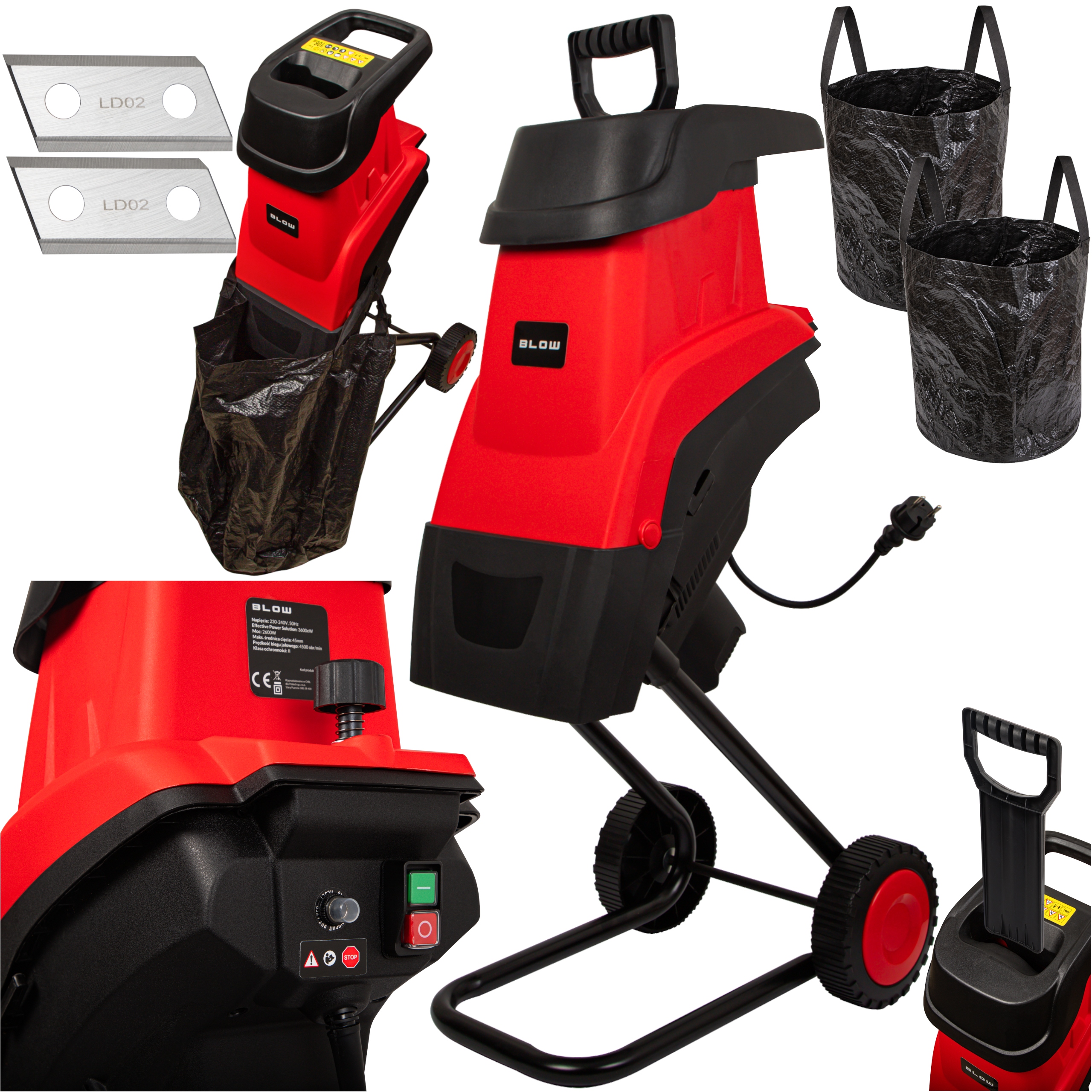 Elektrický Drvič Na Konáre 3600W 45mm 2x Taška 45L 2x Nože