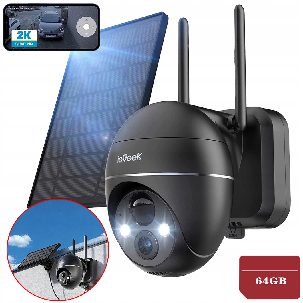 Solární Venkovní Wifi Kamera Otočná Ip 2K 3MPX 4X Zoom Baterie 64GB Sd