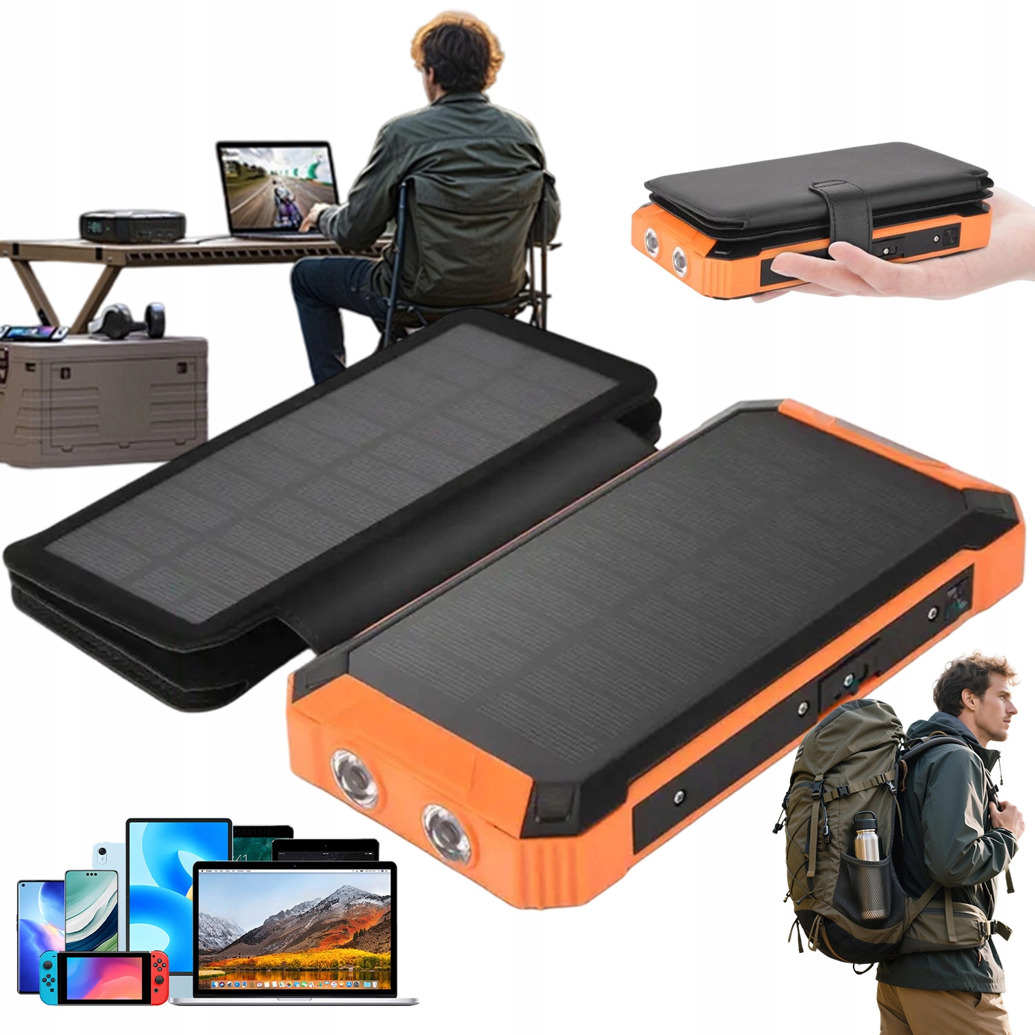 Solární Powerbanka 20000MAH 3 Konektory 4 Kabely Vestavěné Bezdrátové Led