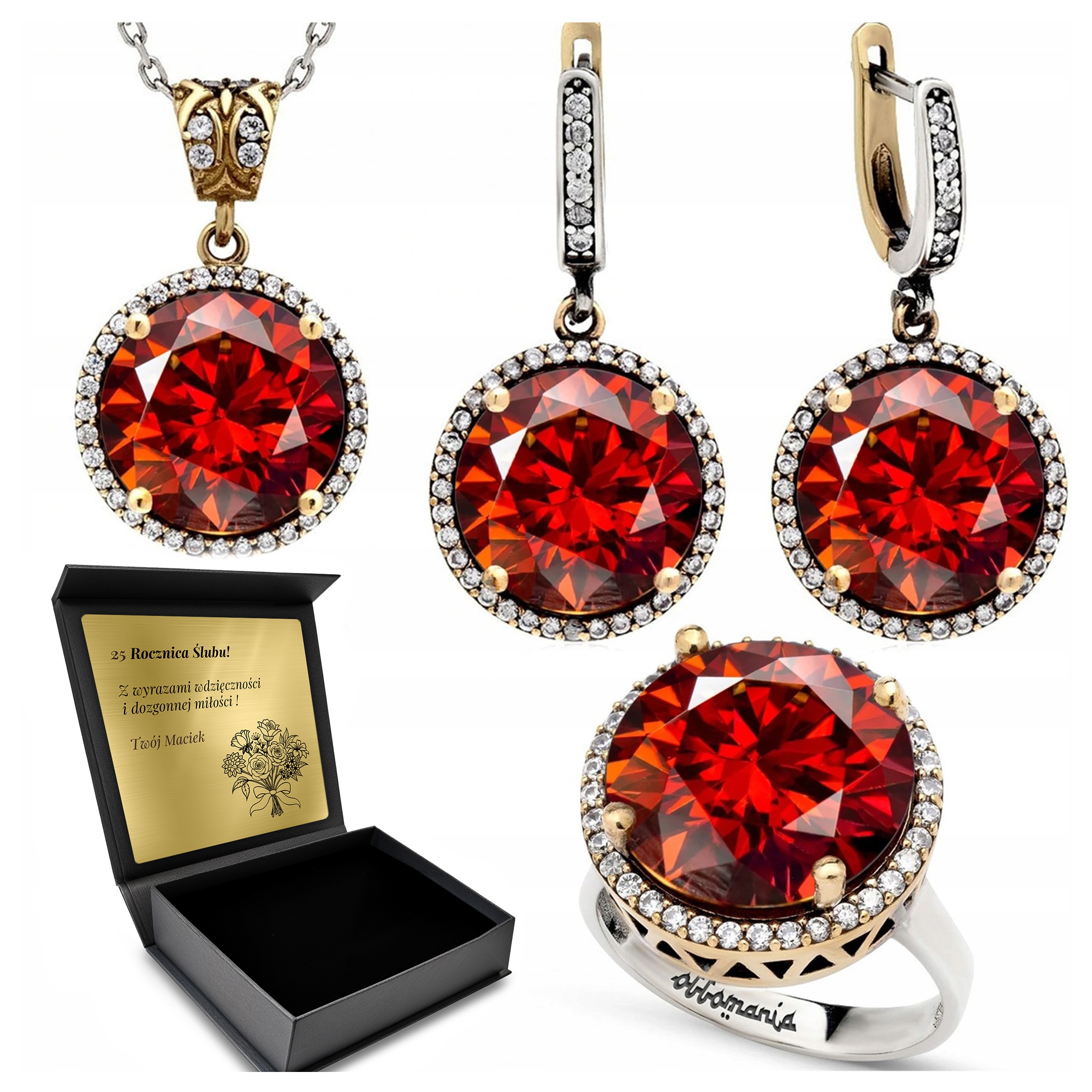Sada Stříbrných Šperků 925 S Zirkony A Granátem Pro Ženu Gravírování
