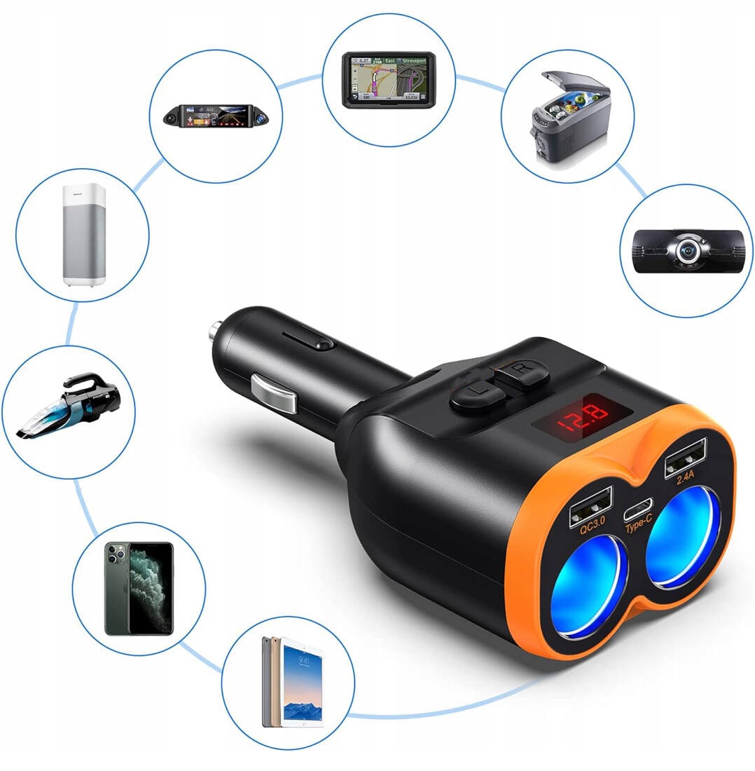 ROZDZIELACZ ROZGAŁĘŹNIK GNIAZDA ZAPALNICZKI 12-24V 2xUSB PD USB-C ŁADOWARKA Producent inny