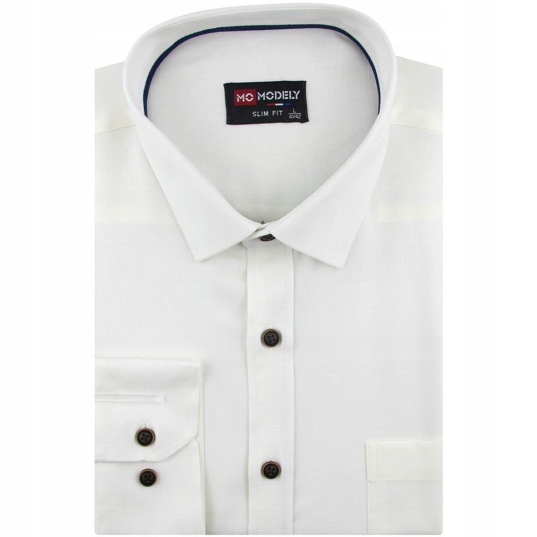 Lniana Koszula Męska Codzienna Casual ekri ecru z długim rękawem J477