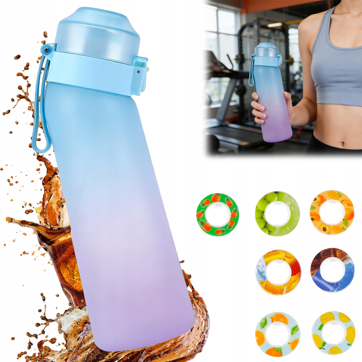 Butelka sportowa na wodę 650ml z 7 kapsułkami smakowymi do fitnessu