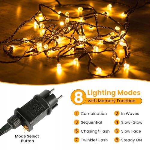 LED LAMPKI ŚWIĄTECZNE ZEWNĘTRZNE 30M 300 LED CIEPŁE BIAŁE 8 TRYBÓW IP44 — miniatura 3