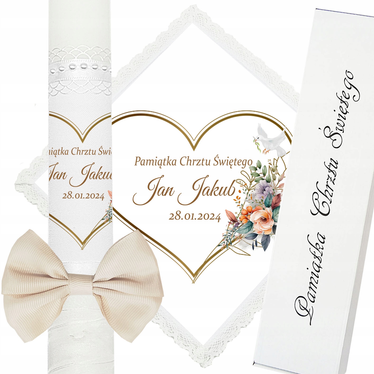 ŚWIECA NA CHRZEST SZATKA DO CHRZTU IMIĘ PUDEŁKO