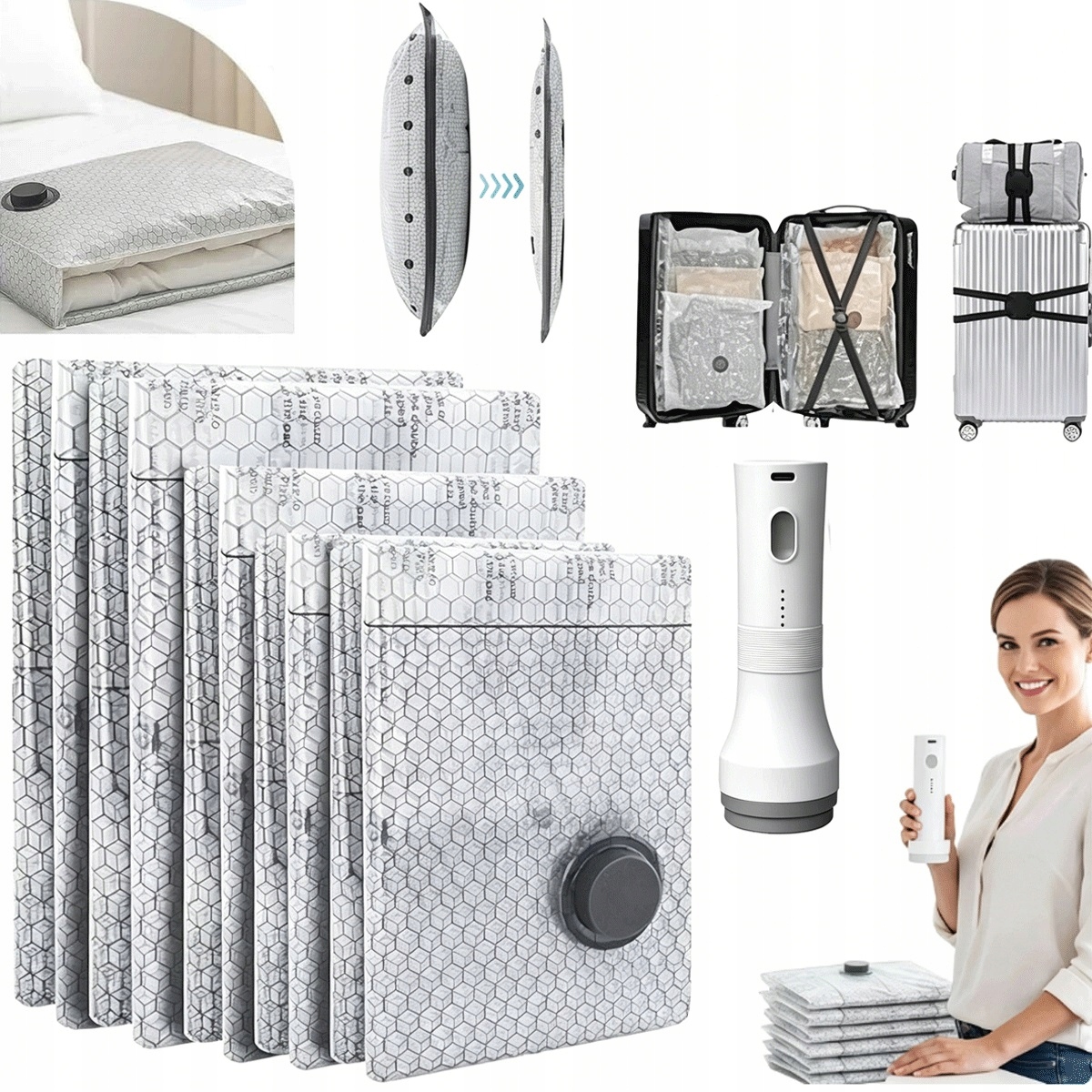 Vakuové sáčky 3 velikosti na oblečení a přikrývky s bezdrátovou pumpičkou 1500 mAh