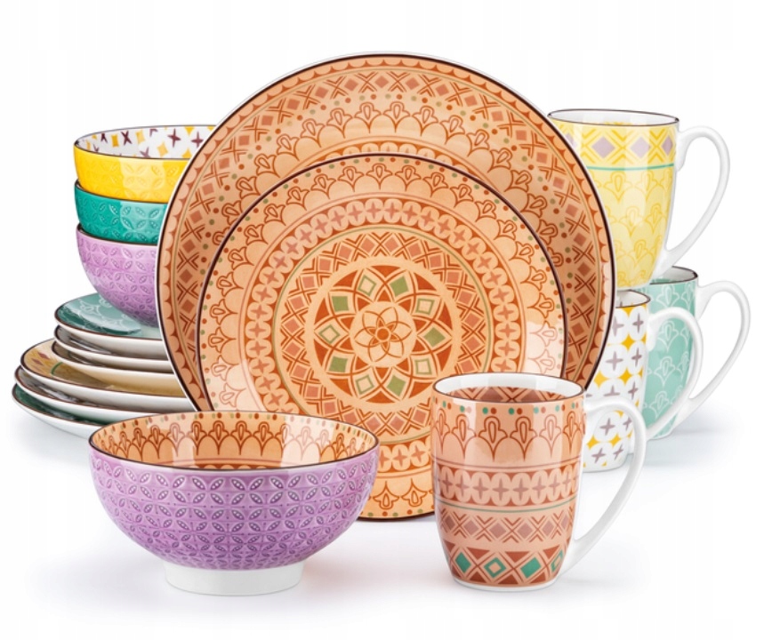 ZASTAWA kolorowa BOHO wzorzysta ETNO SERWIS VANCASSO TULIP 16 szt/ 4 osób