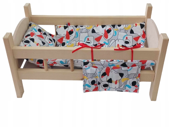 ŁÓŻECZKO DUŻE DREWNIANE dla lalek +POŚCIEL 5 elem.