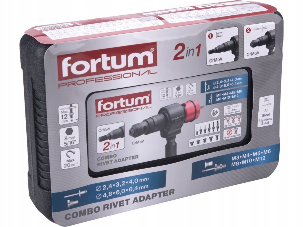 Fortum 4770667 nástavec nýtovací na vrtačku T-combo, sada pro matice M3-M12
