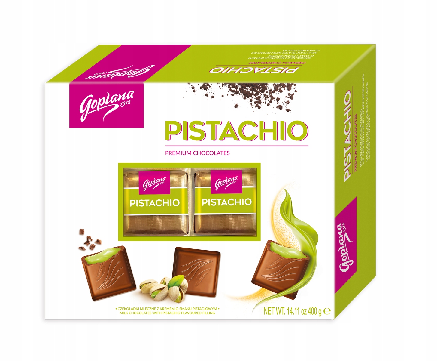 Levně Goplana Čokoládové Bonbóny Pistachio Bonbóny z mléčné čokolády 400 g