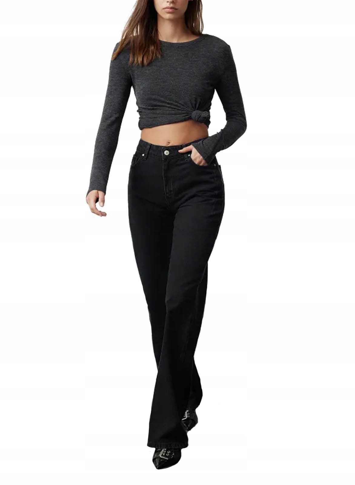 SPODNIE SZWEDY DAMSKIE SZEROKIE NOGAWKI JEANSOWE ELASTYCZNE PROSTE WIDE LEG Rozmiar L