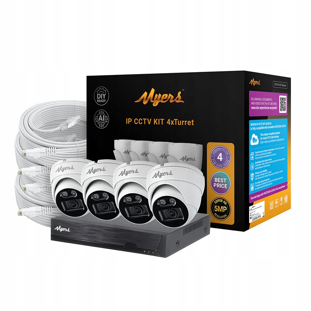 Zestaw Monitoringu Ip PoE 5MP Nvr 10CH 4x Kamera Turret IP66