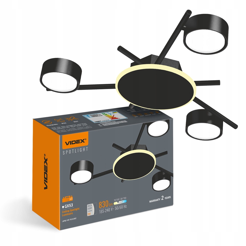 Stropní bodové svítidlo Videx pro 3 lampy GX53 s podsvícením