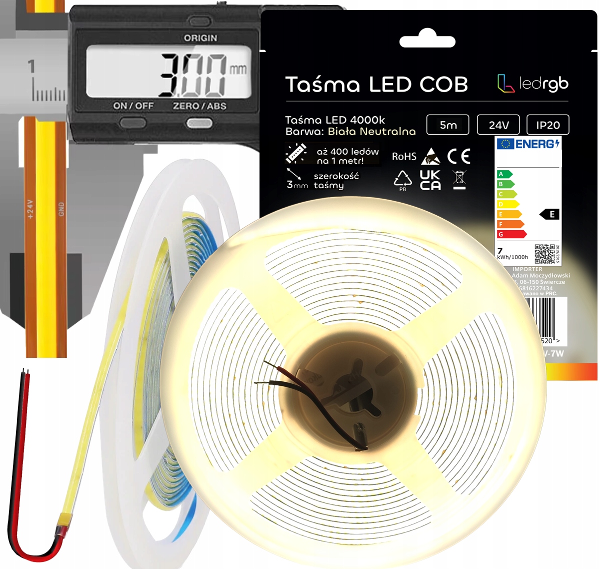 Taśma Led Neon Cob 24V 5m 400 diod 4000K Biała Neutralna Ultra Cienka 3MM