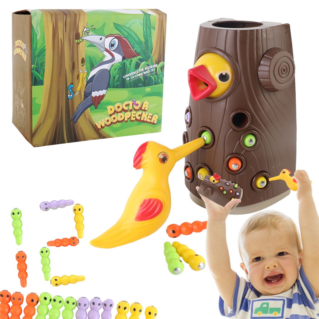 GRA MAGNETYCZNA NAKARM PTASZKA MONTESSORI DZIĘCIOŁ 12 ROBACZKÓW PREZENT HQ