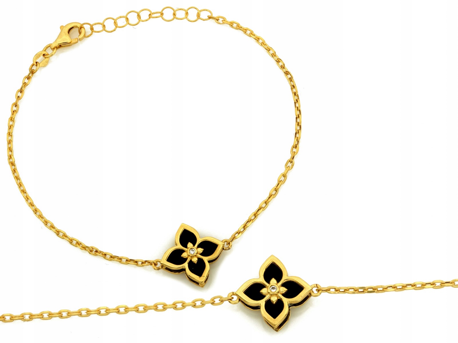 Zlatý náramek 585 s květinou a onyxy 20 cm, černý květ 2.60 g