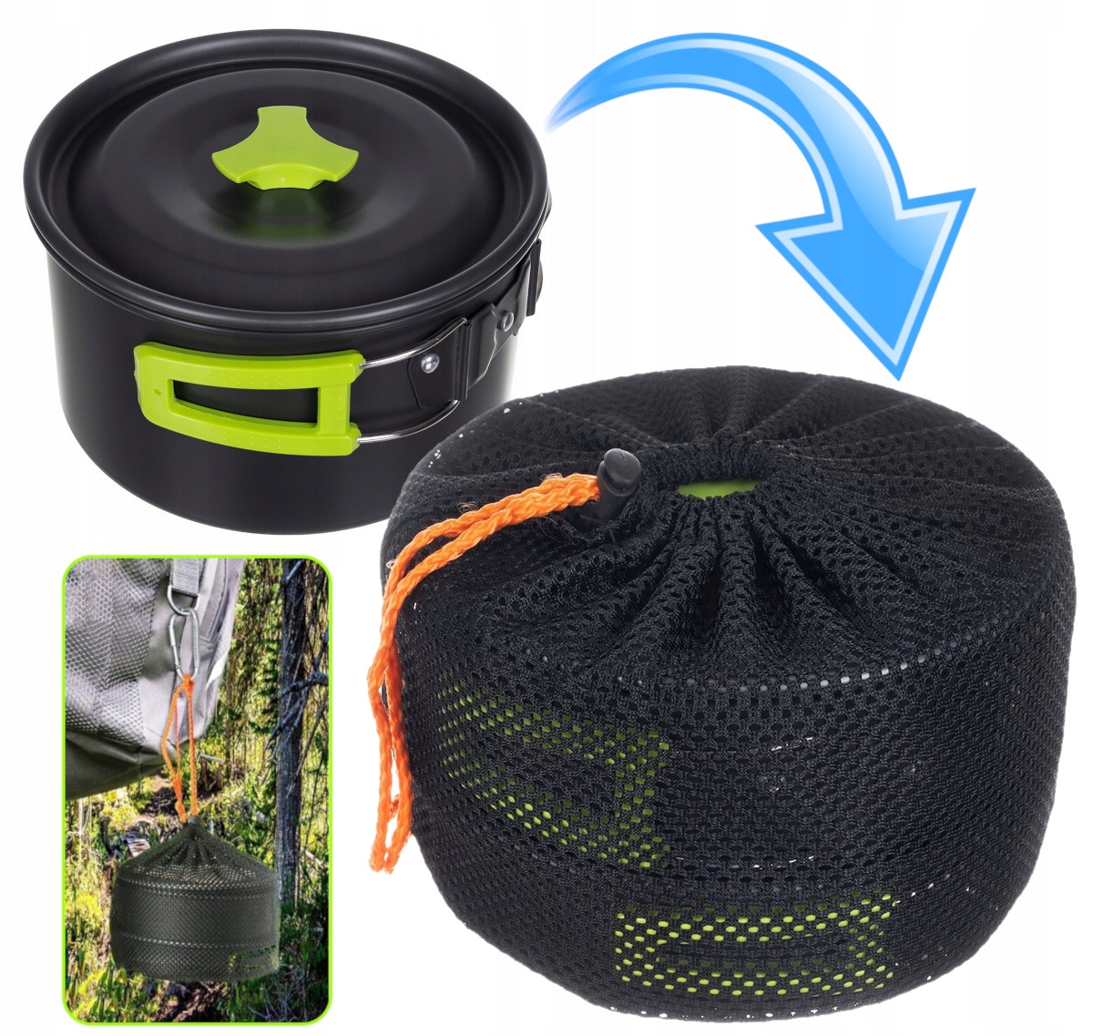 NACZYNIA TURYSTYCZNE KEMPINGOWE zestaw GARNUSZEK PATELNIA CZAJNIK SZTUĆCE Wysokość 11 cm